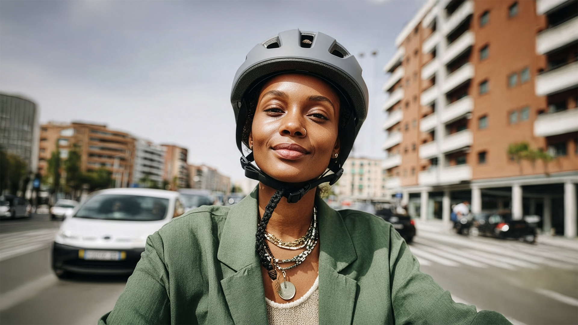 Person fährt MYCO E Bike in urbaner Umgebung, Fokus auf Mobilität im Alltag