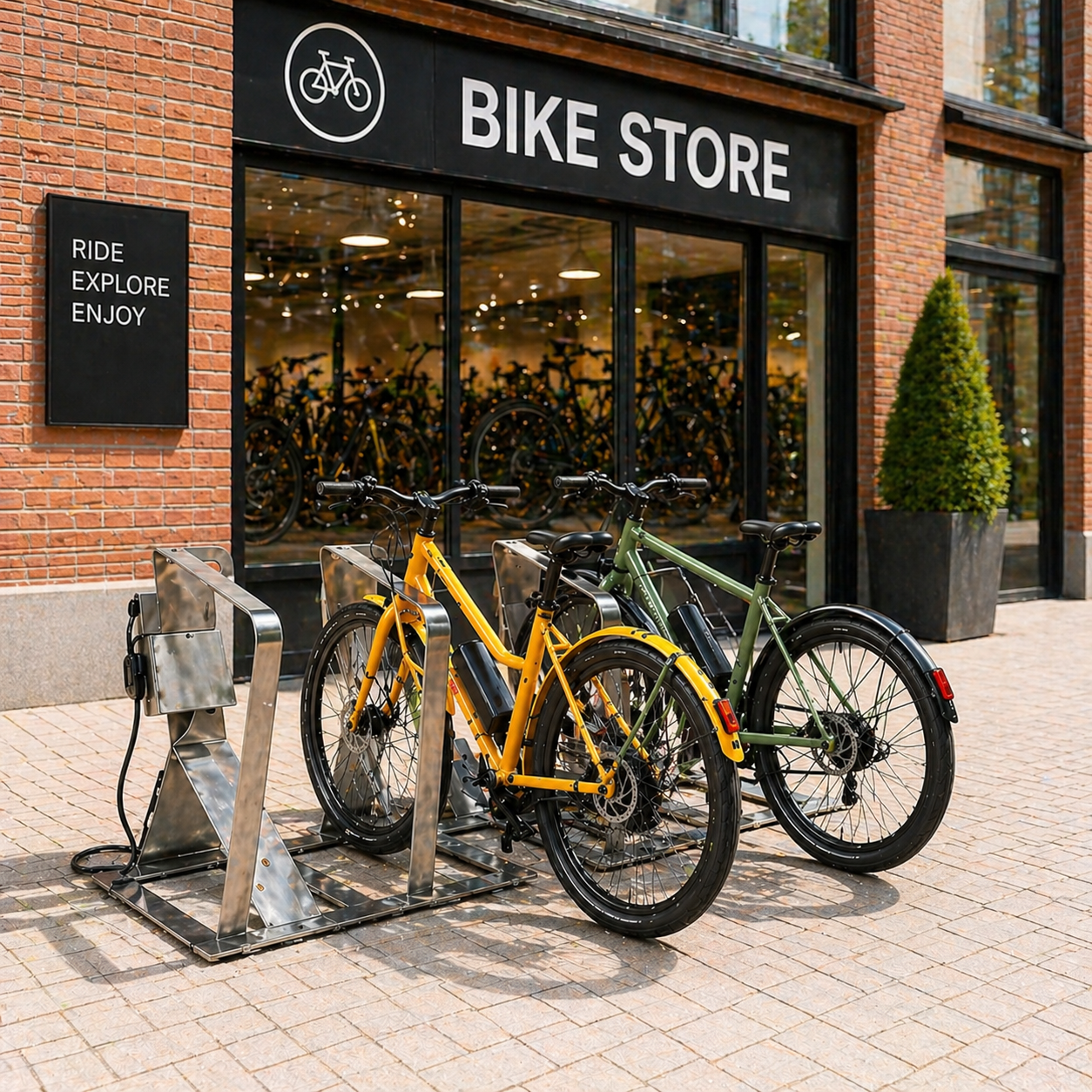 MYCO IP2 E-Bike Ladestation vor Bike Store für Kunden und Besucher
