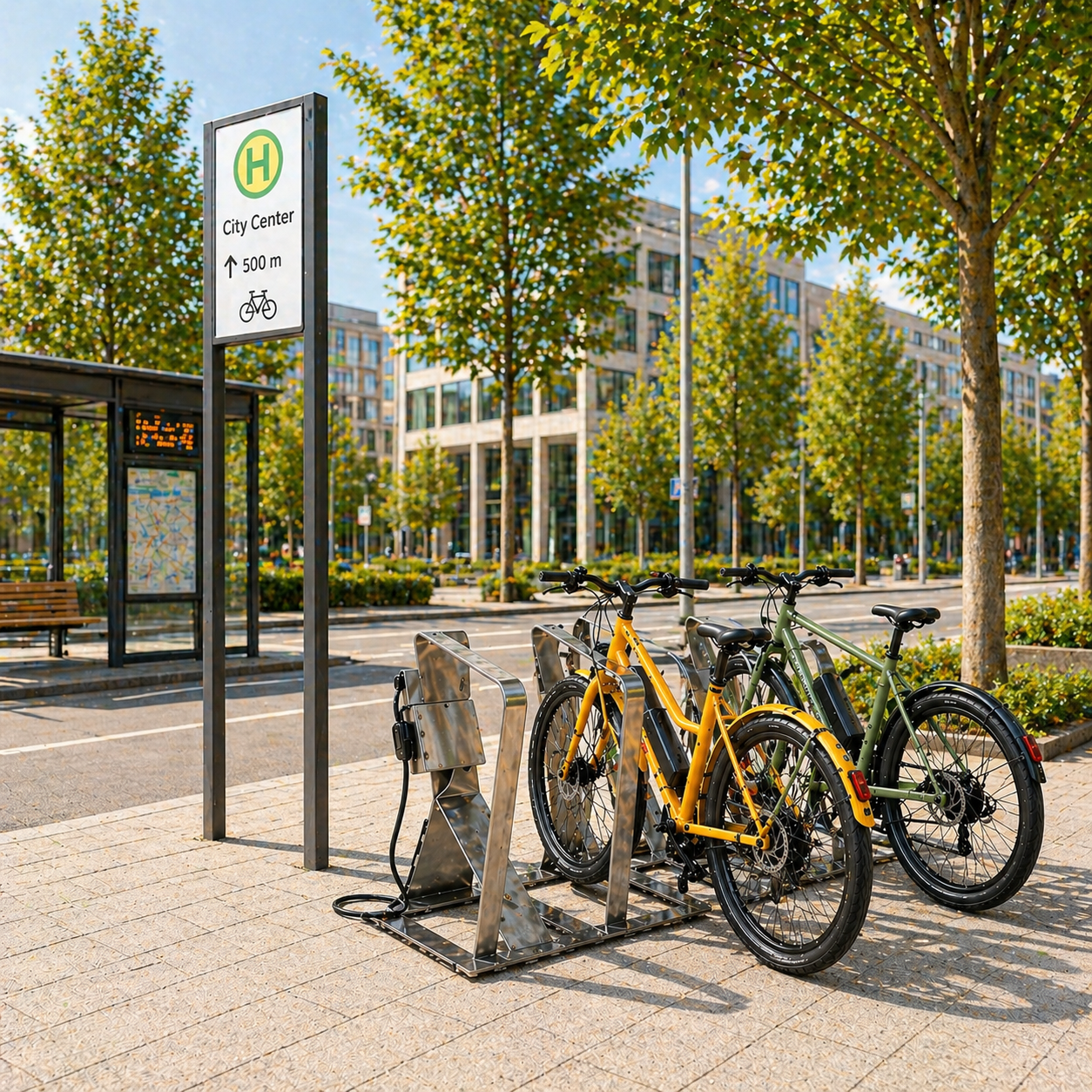 Öffentliche myco IP2 E-Bike Ladestation im urbanen Raum mit mehreren Stellplätzen neben einer Bushaltestelle